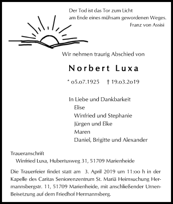 Anzeige von Norbert Luxa von Kölner Stadt-Anzeiger / Kölnische Rundschau / Express