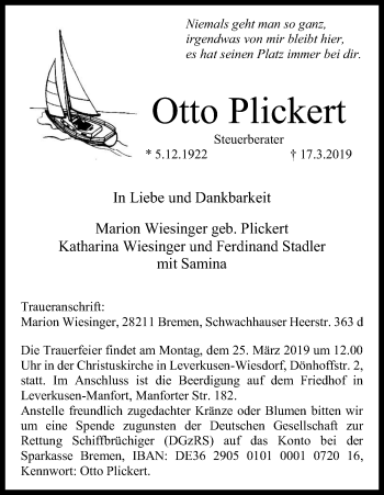 Anzeige von Otto Plickert von Kölner Stadt-Anzeiger / Kölnische Rundschau / Express