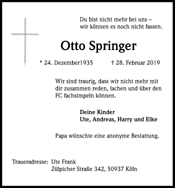 Anzeige von Otto Springer von Kölner Stadt-Anzeiger / Kölnische Rundschau / Express