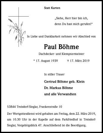 Anzeige von Paul Böhme von Kölner Stadt-Anzeiger / Kölnische Rundschau / Express