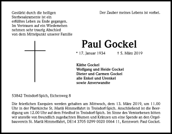 Anzeige von Paul Gockel von Kölner Stadt-Anzeiger / Kölnische Rundschau / Express