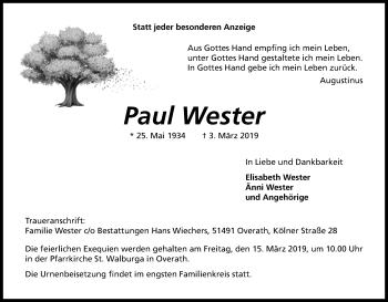 Anzeige von Paul Wester von Kölner Stadt-Anzeiger / Kölnische Rundschau / Express