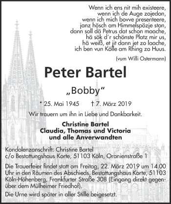 Anzeige von Peter Bartel von  Kölner Wochenspiegel 
