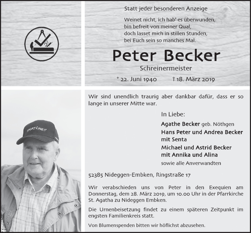  Traueranzeige für Peter Becker vom 23.03.2019 aus  Blickpunkt Euskirchen 