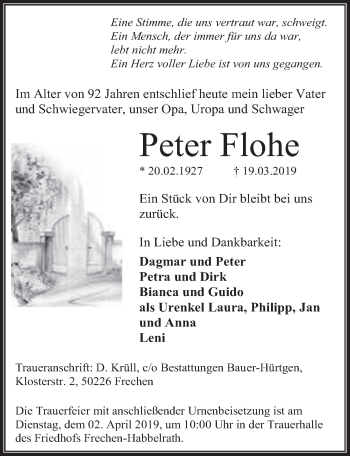 Anzeige von Peter Flohe von  Wochenende 