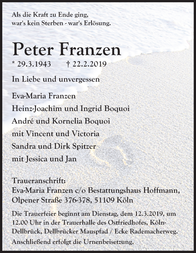  Traueranzeige für Peter Franzen vom 09.03.2019 aus Kölner Stadt-Anzeiger / Kölnische Rundschau / Express