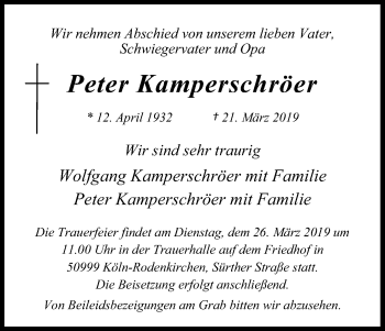 Anzeige von Peter Kamperschröer von Kölner Stadt-Anzeiger / Kölnische Rundschau / Express