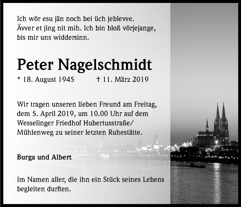  Traueranzeige für Peter Nagelschmidt vom 30.03.2019 aus Kölner Stadt-Anzeiger / Kölnische Rundschau / Express