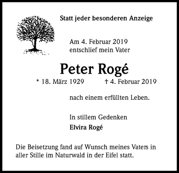 Anzeige von Peter Rogé von Kölner Stadt-Anzeiger / Kölnische Rundschau / Express