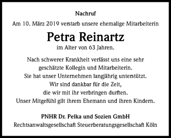 Anzeige von Petra Reinartz von Kölner Stadt-Anzeiger / Kölnische Rundschau / Express