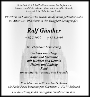Anzeige von Ralf Günther von Kölner Stadt-Anzeiger / Kölnische Rundschau / Express