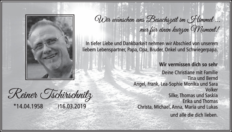  Traueranzeige für Reiner Tschirschnitz vom 27.03.2019 aus  Schlossbote/Werbekurier 