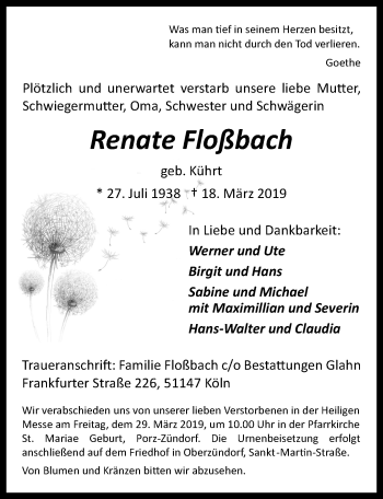 Anzeige von Renate Floßbach von  Kölner Wochenspiegel 