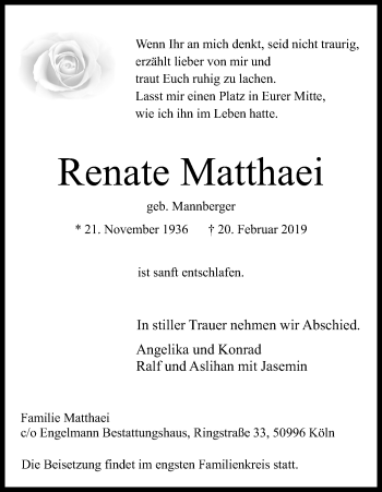 Anzeige von Renate Matthaei von Kölner Stadt-Anzeiger / Kölnische Rundschau / Express