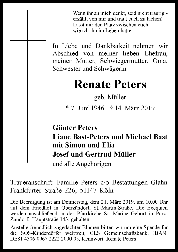  Traueranzeige für Renate Peters vom 20.03.2019 aus  Kölner Wochenspiegel 