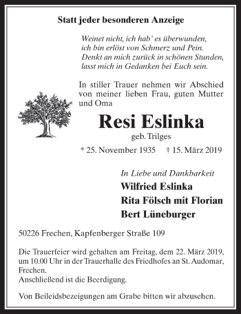 Anzeige von Resi Eslinka von  Wochenende 