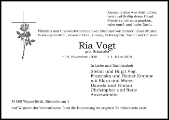Anzeige von Ria Vogt von Kölner Stadt-Anzeiger / Kölnische Rundschau / Express