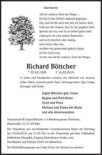 Anzeige von Richard Böttcher von  Kölner Wochenspiegel 