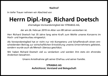 Anzeige von Richard Doetsch von Kölner Stadt-Anzeiger / Kölnische Rundschau / Express