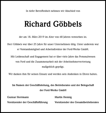 Anzeige von Richard Göbbels von Kölner Stadt-Anzeiger / Kölnische Rundschau / Express