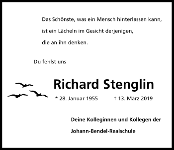 Anzeige von Richard Stenglin von Kölner Stadt-Anzeiger / Kölnische Rundschau / Express