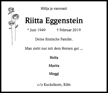 Anzeige von Riitta Eggenstein von Kölner Stadt-Anzeiger / Kölnische Rundschau / Express