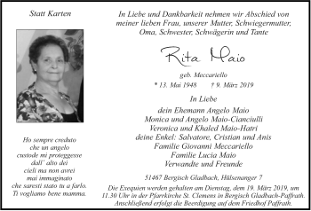 Anzeige von Rita Maio von  Bergisches Sonntagsblatt 