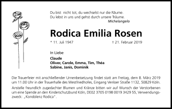 Anzeige von Rodica Emilia Rosen von Kölner Stadt-Anzeiger / Kölnische Rundschau / Express