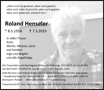 Anzeige von Roland Henseler von Kölner Stadt-Anzeiger / Kölnische Rundschau / Express