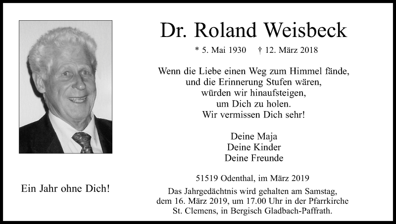  Traueranzeige für Roland Weisbeck vom 09.03.2019 aus Kölner Stadt-Anzeiger / Kölnische Rundschau / Express