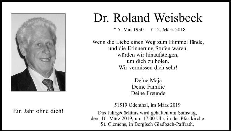  Traueranzeige für Roland Weisbeck vom 14.03.2019 aus Kölner Stadt-Anzeiger / Kölnische Rundschau / Express