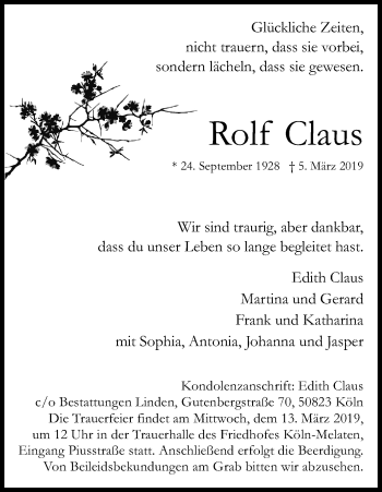 Anzeige von Rolf Claus von Kölner Stadt-Anzeiger / Kölnische Rundschau / Express