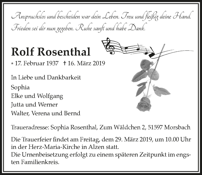  Traueranzeige für Rolf Rosenthal vom 27.03.2019 aus  Lokalanzeiger 