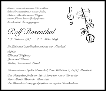 Anzeige von Rolf Rosenthal von Kölner Stadt-Anzeiger / Kölnische Rundschau / Express