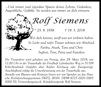 Anzeige von Rolf Siemens von Kölner Stadt-Anzeiger / Kölnische Rundschau / Express