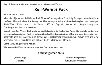 Anzeige von Rolf-Werner Pack von Kölner Stadt-Anzeiger / Kölnische Rundschau / Express
