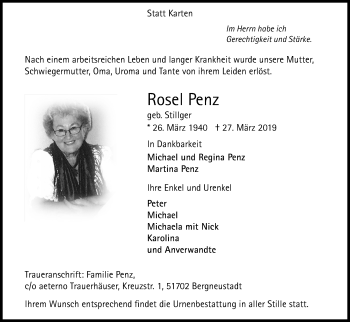 Anzeige von Rosel Penz von Kölner Stadt-Anzeiger / Kölnische Rundschau / Express