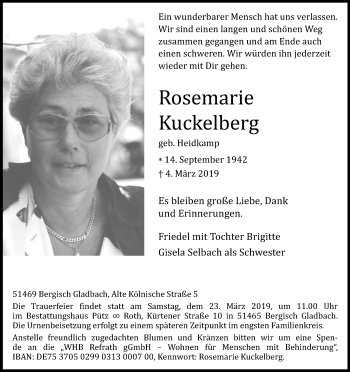 Anzeige von Rosemarie Kuckelberg von Kölner Stadt-Anzeiger / Kölnische Rundschau / Express