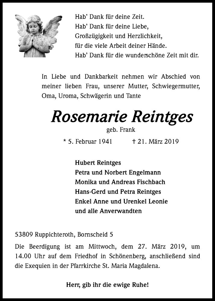  Traueranzeige für Rosemarie Reintges vom 23.03.2019 aus Kölner Stadt-Anzeiger / Kölnische Rundschau / Express