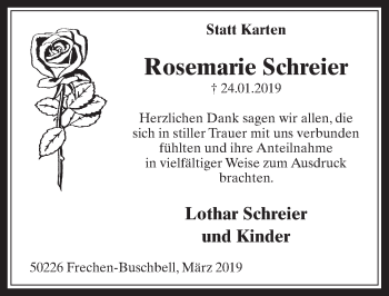 Anzeige von Rosemarie Schreier von  Wochenende 