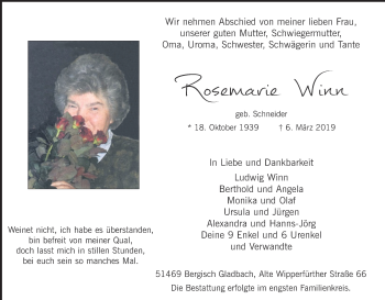 Anzeige von Rosemarie Winn von Kölner Stadt-Anzeiger / Kölnische Rundschau / Express