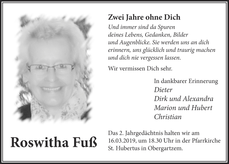  Traueranzeige für Roswitha Fuß vom 09.03.2019 aus  Blickpunkt Euskirchen 