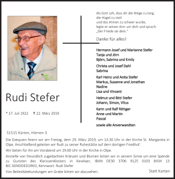 Anzeige von Rudi Stefer von Kölner Stadt-Anzeiger / Kölnische Rundschau / Express