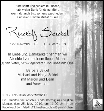 Anzeige von Rudolf Seidel von Kölner Stadt-Anzeiger / Kölnische Rundschau / Express