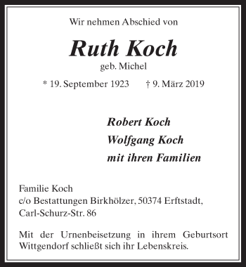 Anzeige von Ruth Koch von  Werbepost 