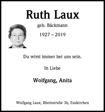 Anzeige von Ruth Laux von Kölner Stadt-Anzeiger / Kölnische Rundschau / Express