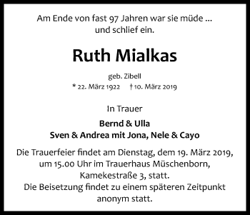 Anzeige von Ruth Mialkas von Kölner Stadt-Anzeiger / Kölnische Rundschau / Express