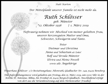 Anzeige von Ruth Schlösser von Kölner Stadt-Anzeiger / Kölnische Rundschau / Express