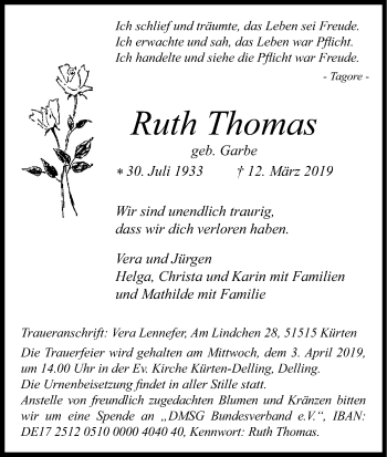 Anzeige von Ruth Thomas von Kölner Stadt-Anzeiger / Kölnische Rundschau / Express