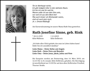 Anzeige von Ruth Josefine Sinne von Kölner Stadt-Anzeiger / Kölnische Rundschau / Express